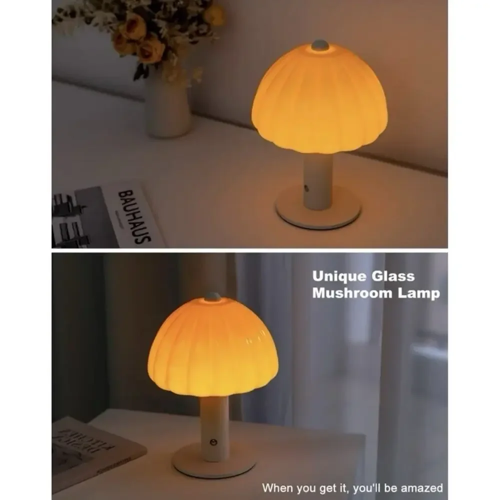 Cordless Mushroom Glass Table Lamp Orange Touch 3-Color LED Rechargeable 7.8”
